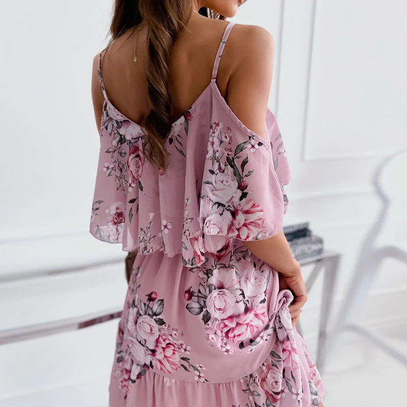 Women's flower printed ruffled suspender dress with off-the-shoulder strap in various colors