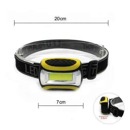 Yellow plastic headlamp with adjustable headband and COB LED light, showing three-speed control buttons.