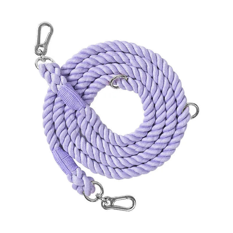 Woven rainbow pattern dog leash with double grip handles and a metal clasp.