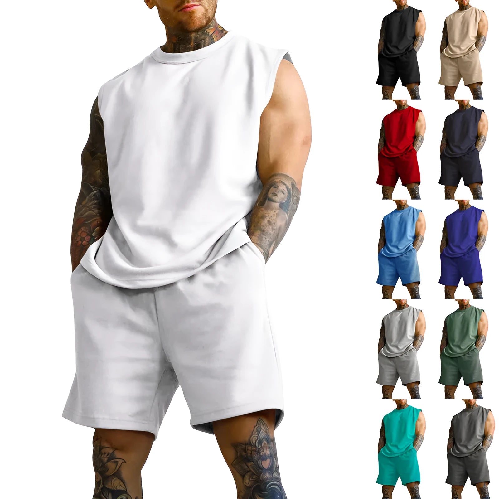 Men's sleeveless cotton blend sports suit set with shorts in multiple solid colour options