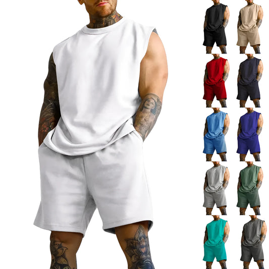Men's sleeveless cotton blend sports suit set with shorts in multiple solid colour options