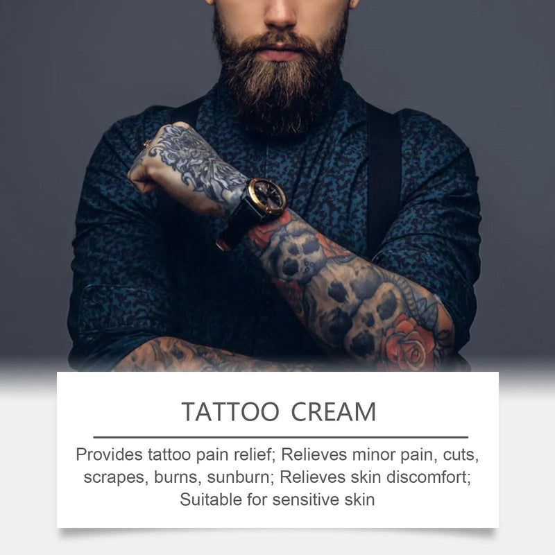 Neck cream for skin tattoos containing honey and chamomile to moisturise and nourish tattooed skin, with a 50g net content, formulated with glycerin, mineral oil, and allantoin to help soothe the skin, supplied with a relief frost stick