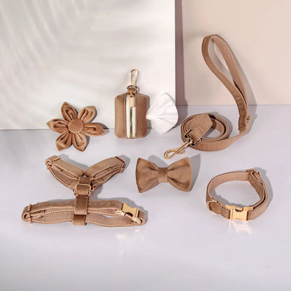 Classic velvet pet collar traction rope set with bow tie decoration and adjustable chest strap