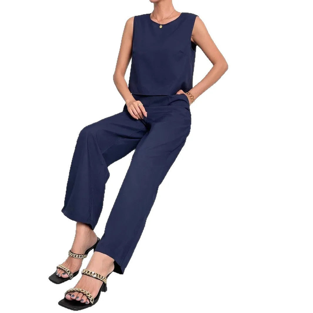 Red or navy blue sleeveless top and wide leg trousers two-piece set in 100% polyester fabric