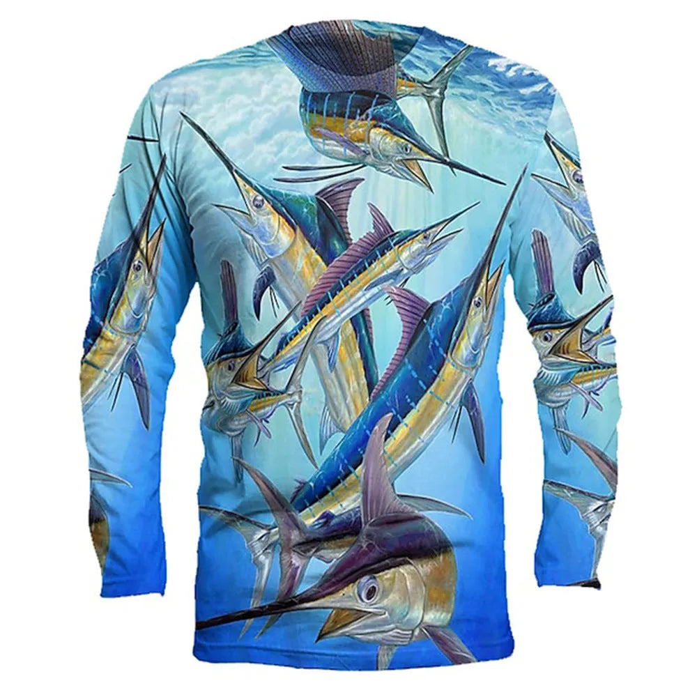 Men's grey pullover top with a colourful printed fish design on the front, showcasing long sleeves and a round neck.