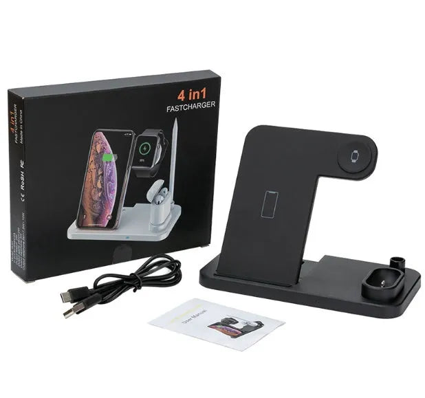 4-in-1 wireless charging station with adjustable magnetic stand charging phone, watch, AirPods, and Apple Pencil