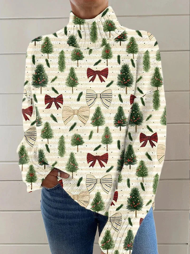 Women's Christmas printed turtleneck sweater with painting pattern and macaron colours, loose fit design