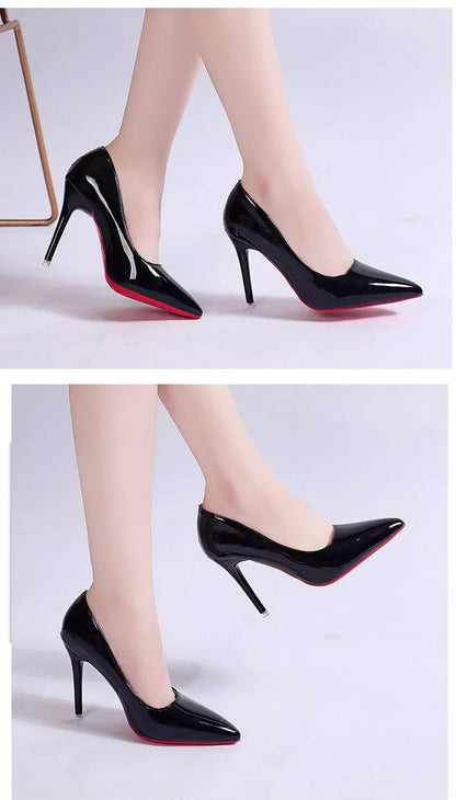 Women's black stiletto heel pumps with pointed toe and shallow mouth design on a neutral background