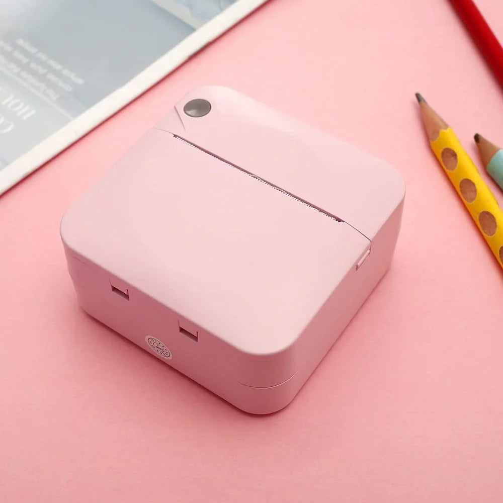 Blue mini thermal printer measuring 80x80x35mm with Bluetooth connectivity for student study organisation