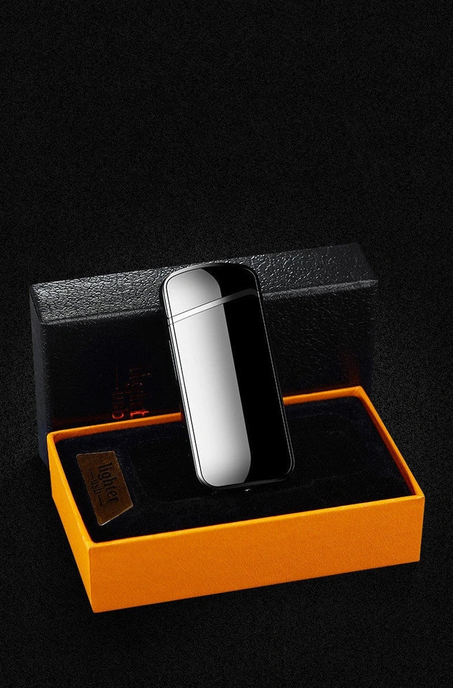 Zinc alloy charging lighter in black brushed finish, 80x35x13 mm with windproof arc and USB port