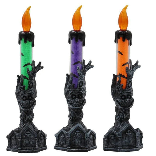 Spooky Halloween LED candle decoration with quirky hand-holding design and warm white lighting