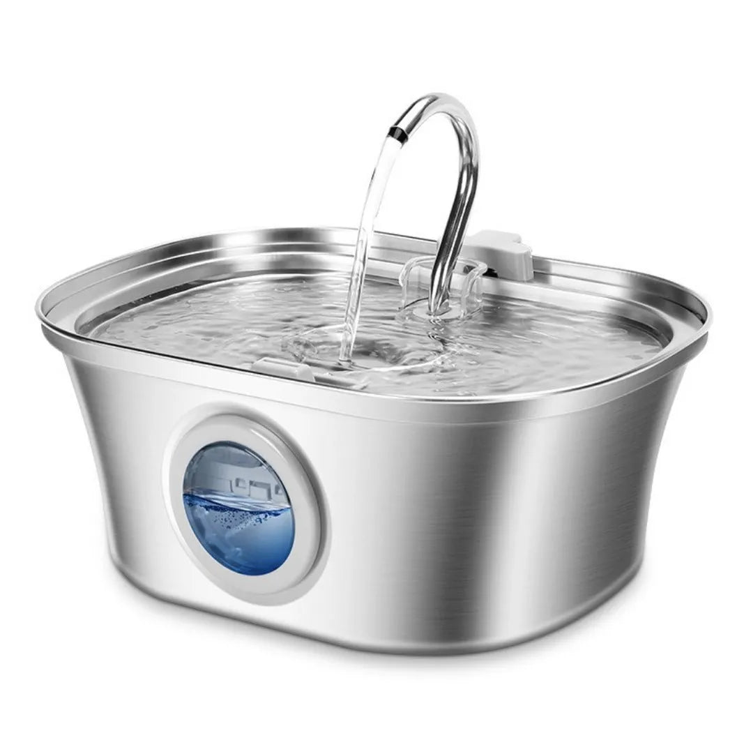 Stainless steel round pet water dispenser with 4L capacity and multiple outlet options