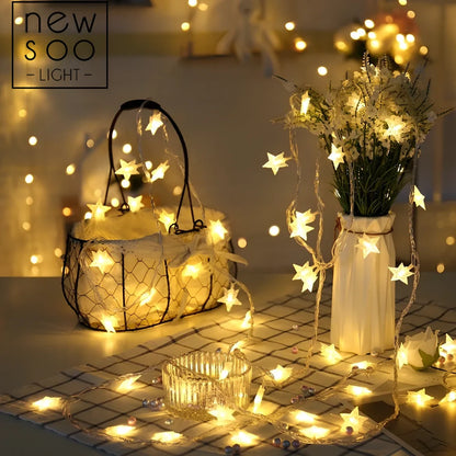 LED five-pointed star string lights with copper wiring in multiple colour options and length configurations