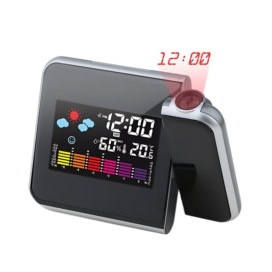 Black digital projection alarm clock with temperature humidity display