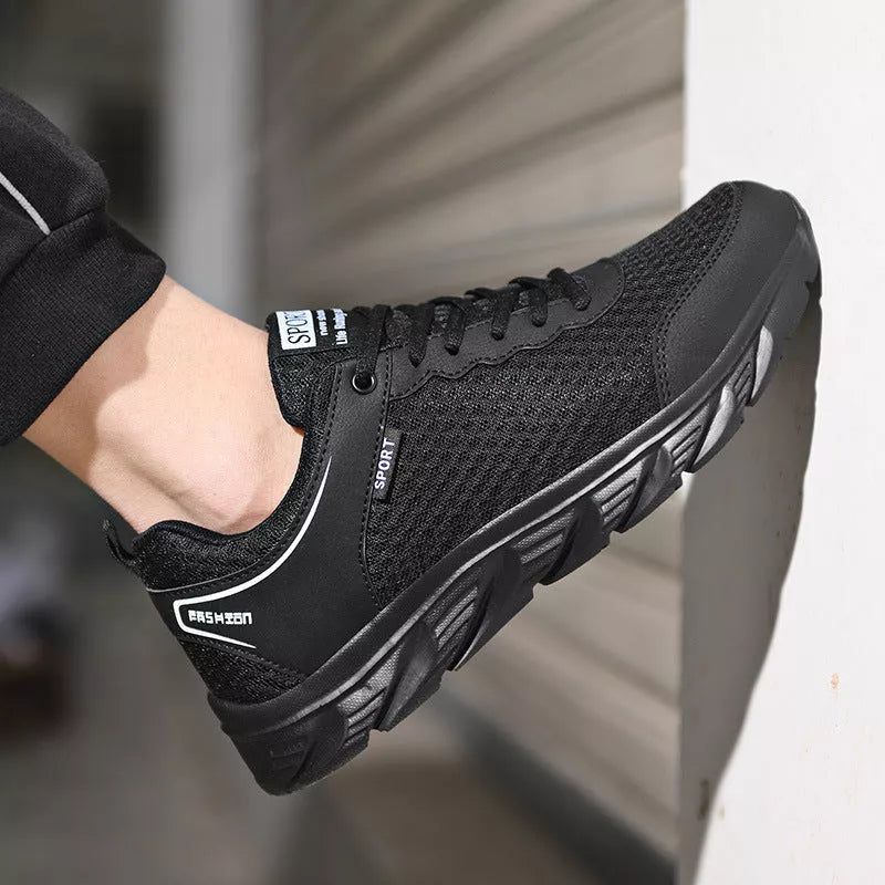 Men's black mesh sports shoes with soft sole for casual wear