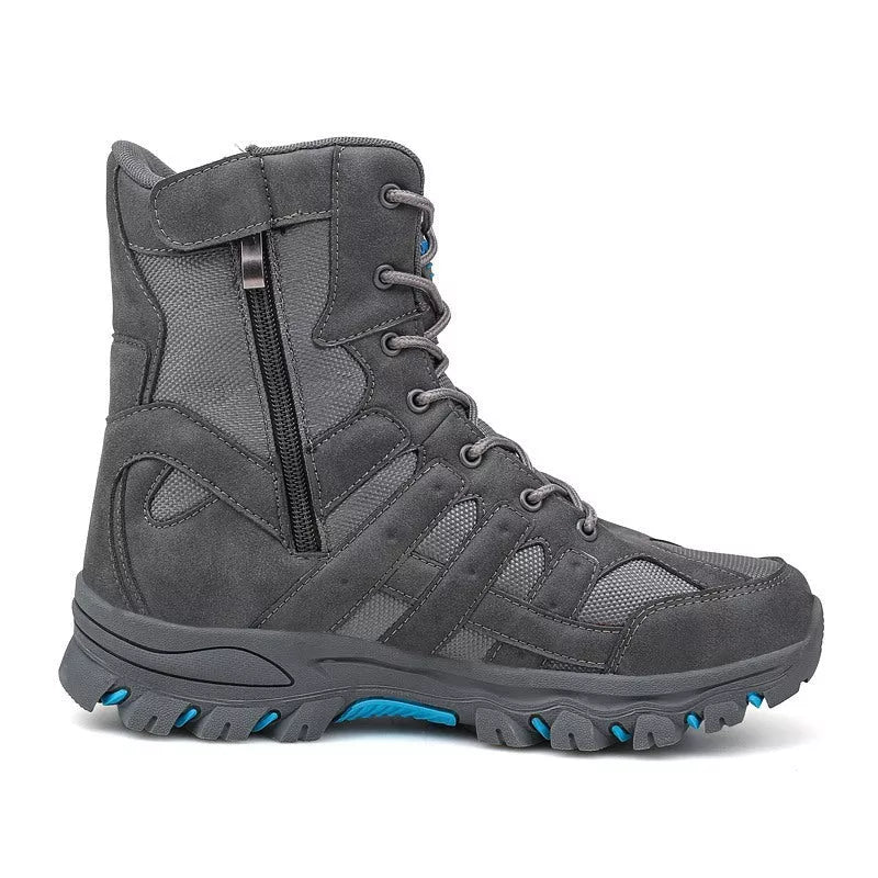 Men's high-top tactical boots in black, green, and grey with wear-resistant rubber outsoles