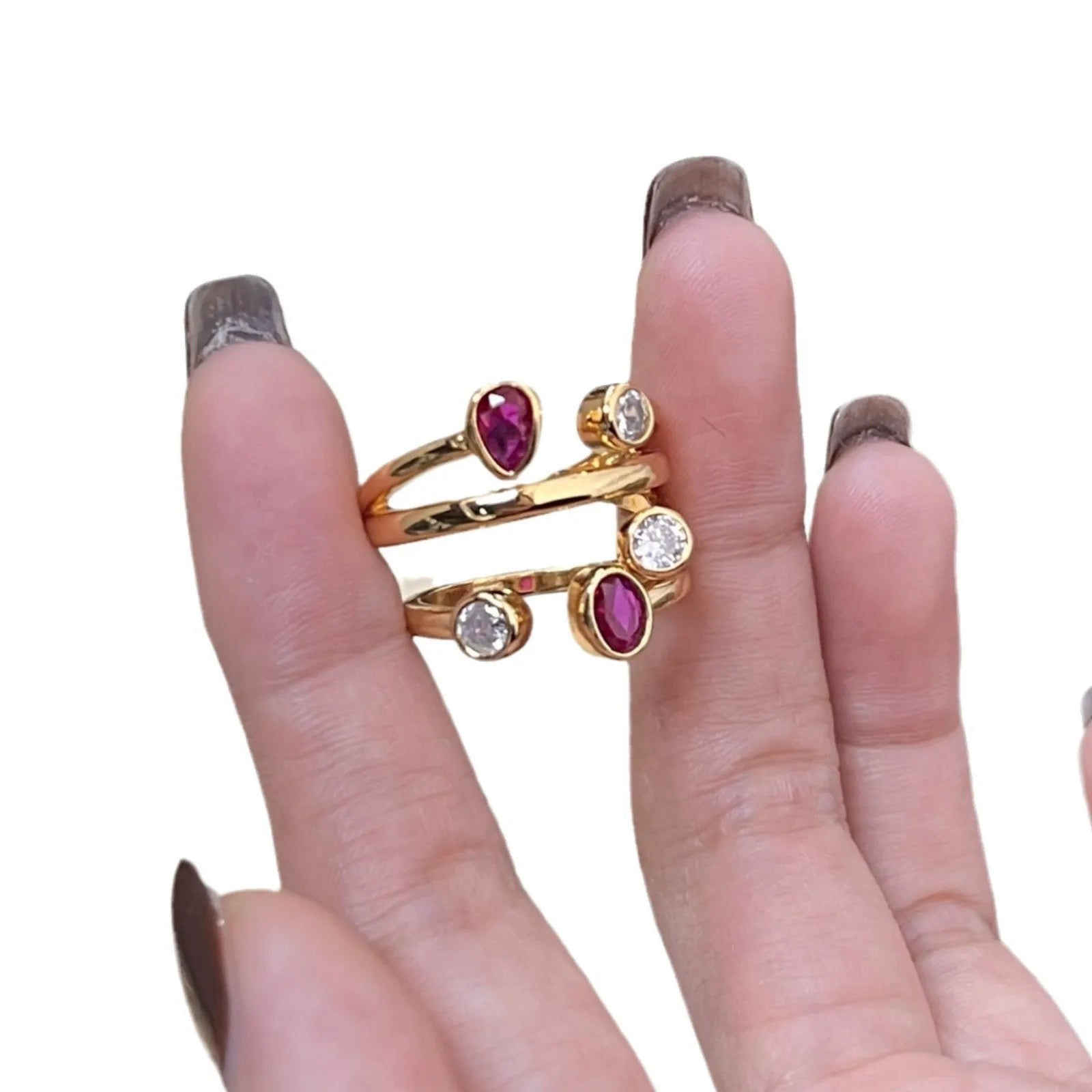 Double-headed diamond ring with irregular geometric design in red and white electroplated finish