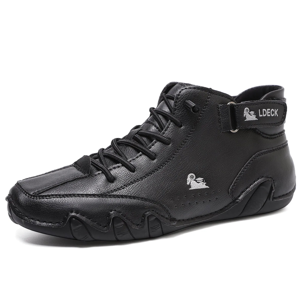 High top men's shoes in khaki with rubber soles and microfiber upper, showing round toe and middle tube height