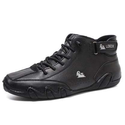 High top men's shoes in khaki with rubber soles and microfiber upper, showing round toe and middle tube height