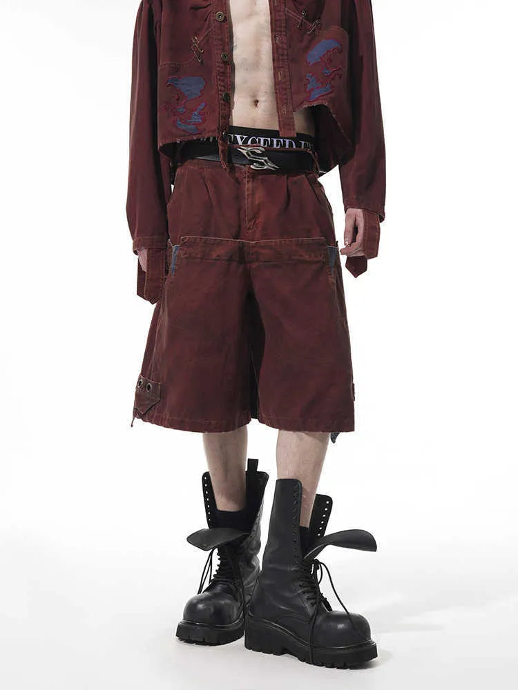 Men's black double waist loose cropped pants with mid-high waist and micro-elastic fabric