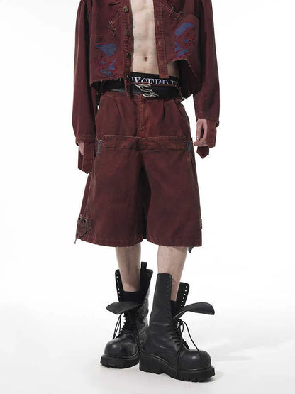 Men's black double waist loose cropped pants with mid-high waist and micro-elastic fabric