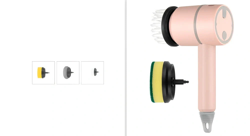 Electric cleaning brush with pink housing and multiple brush attachments for kitchen and bathroom surfaces