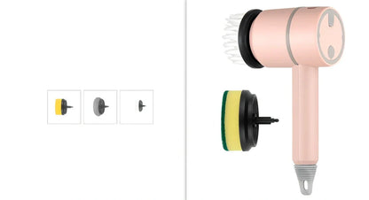 Electric cleaning brush with pink housing and multiple brush attachments for kitchen and bathroom surfaces