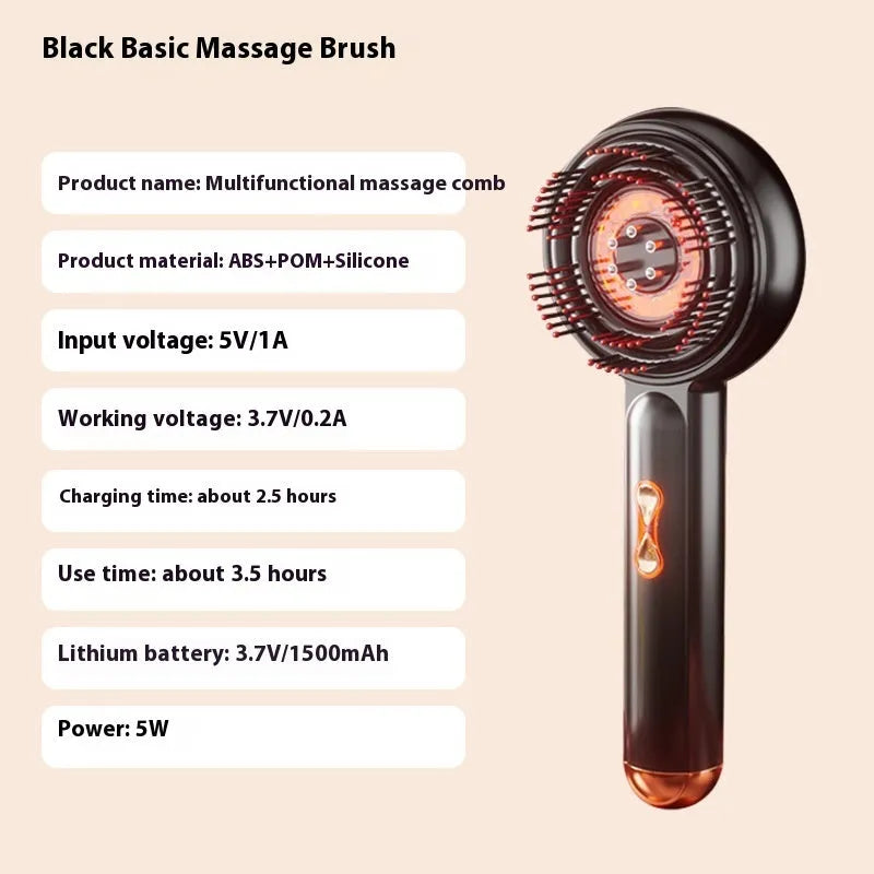 Black handheld red and blue light therapy massage hair comb on a white background.