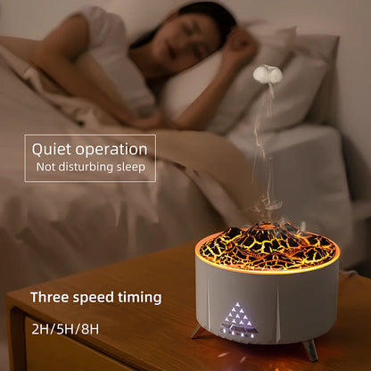 White flame aroma diffuser with Bluetooth speaker, 350ml tank, and adjustable mist output