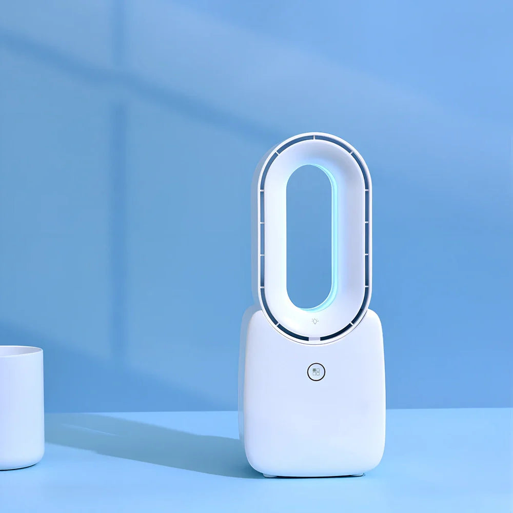 Pink USB charging bladeless desk fan, 119×128×304mm portable size with touch screen and 2200mAh battery for quiet office cooling