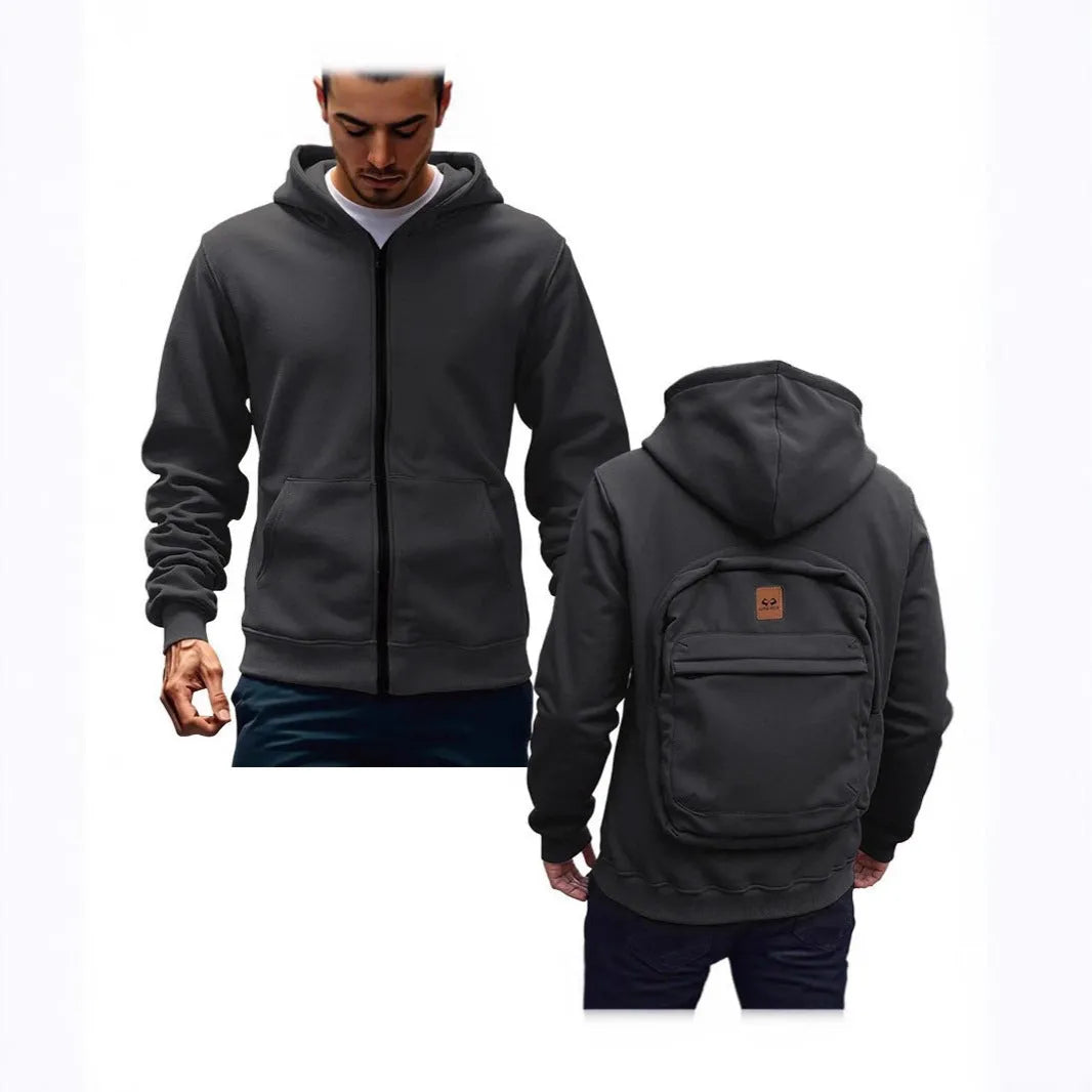 Men's loose-fit hoodie cardigan sweater with back schoolbag design and stick pocket in light grey, black and blue.