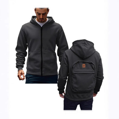 Men's loose-fit hoodie cardigan sweater with back schoolbag design and stick pocket in light grey, black and blue.