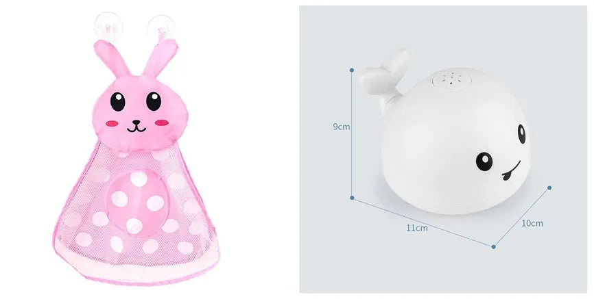 Automatic water-spraying whale bath toy with colourful lights floating in bath water.