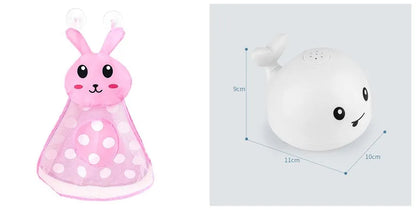 Automatic water-spraying whale bath toy with colourful lights floating in bath water.