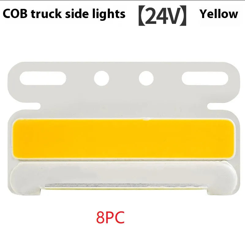 COB LED truck side light in aluminium alloy housing, showing red, yellow, green, blue, or white options for 12V and 24V vehicles