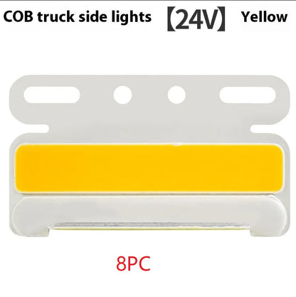 COB LED truck side light in aluminium alloy housing, showing red, yellow, green, blue, or white options for 12V and 24V vehicles