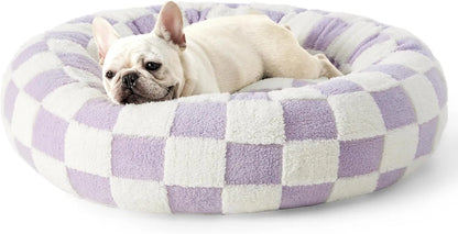 Round blue and white plaid pet bed with plastic frame and fleece cover for dogs