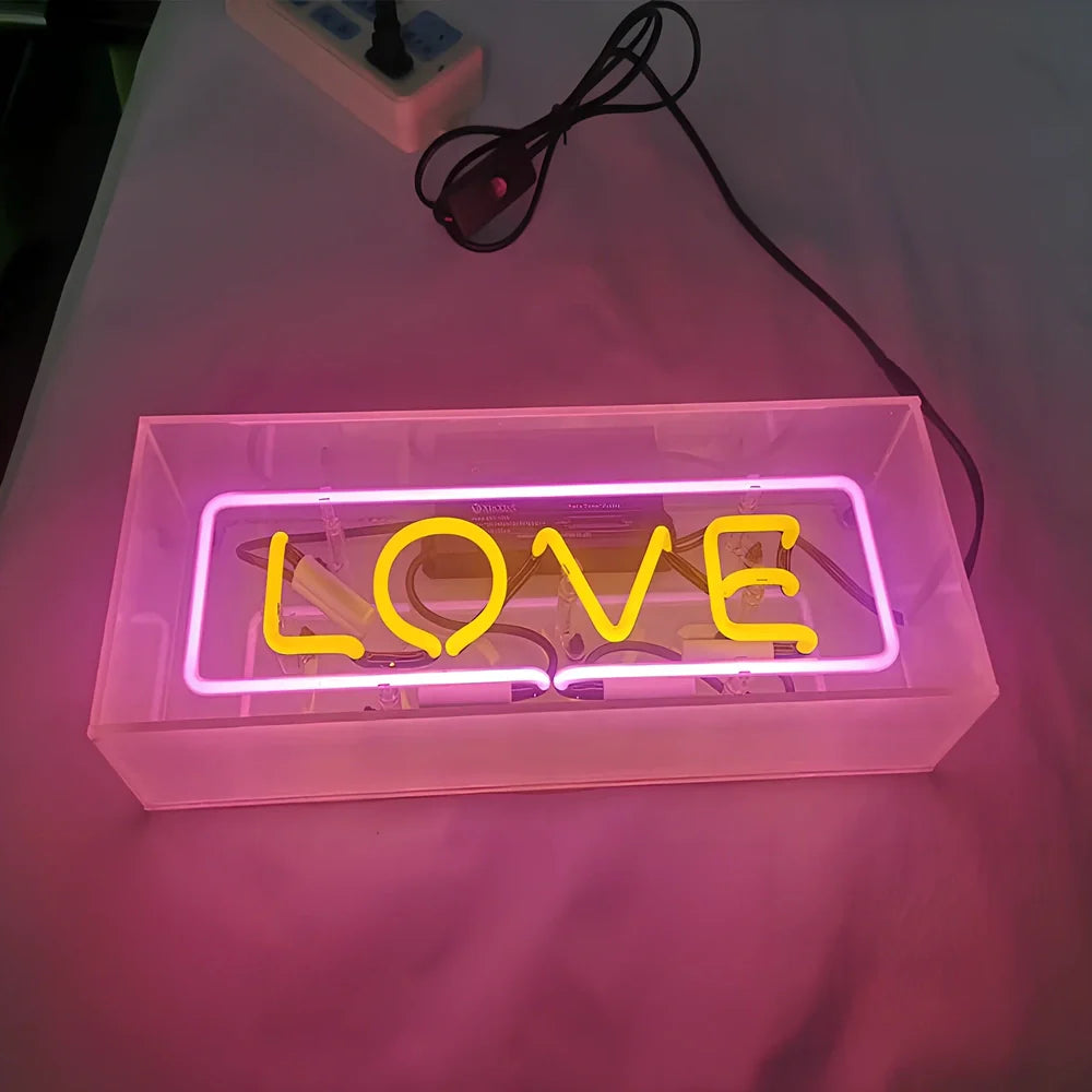 Custom neon sign light box with acrylic shell and manually bent tubes in multiple colour options