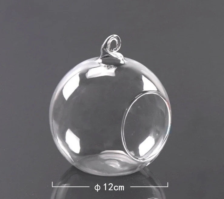 Transparent hand-blown glass vase container with flat bottom and hanging capability in four sizes