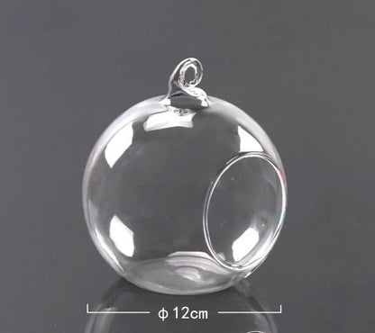 Transparent hand-blown glass vase container with flat bottom and hanging capability in four sizes