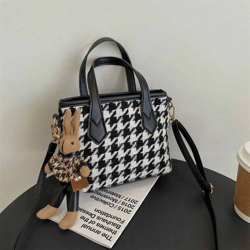 Premium Houndstooth Crossbody Bags for Women - Stylish Wool Handbag with Adjustable Strap and Spacious Main Compartment