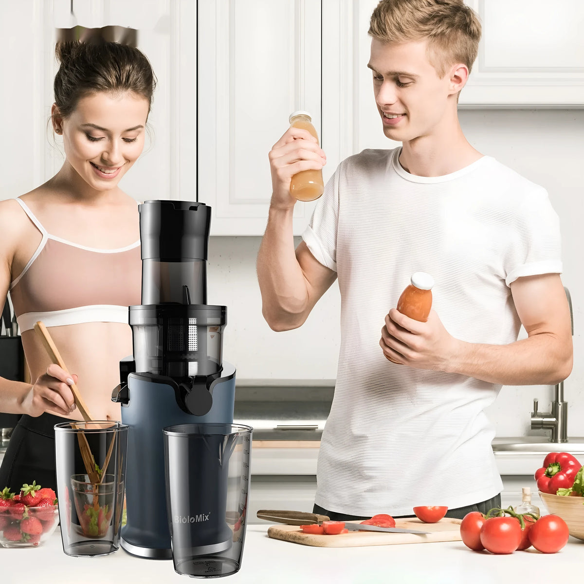 Large diameter low speed juicer with 200W motor, plastic body, and UK plug option