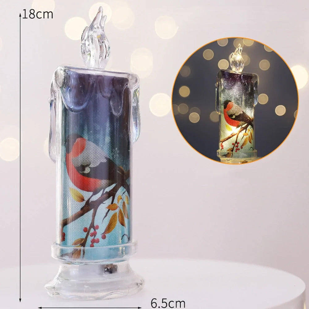 Transparent electronic Christmas candle showing house, snowman and bear designs, 18cm height
