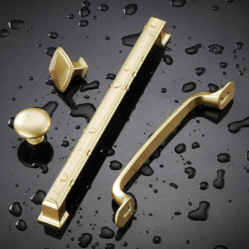 Gold T-shape cabinet handle with aluminium alloy construction showing hole distance measurements