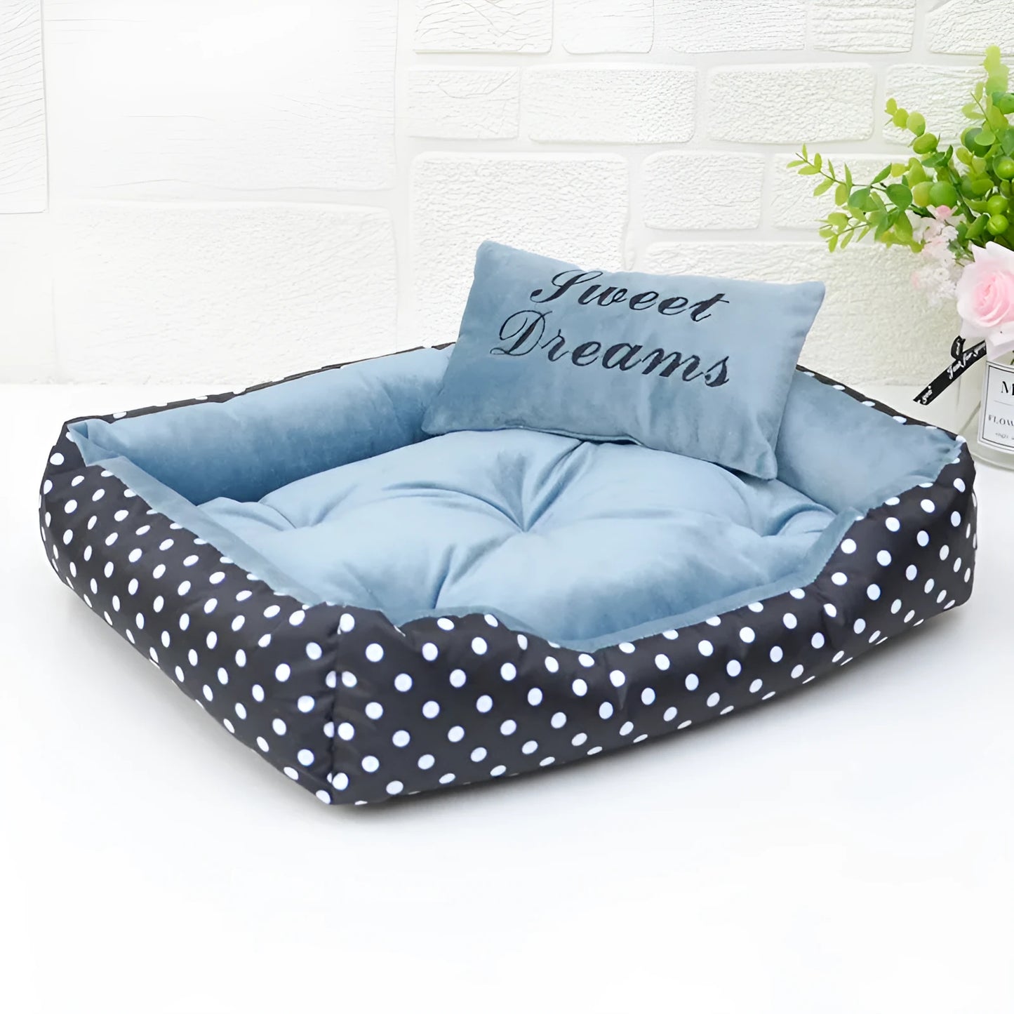 Polka dot printed dog bed with matching square pillow in rose red, lake blue, pink, or grey colours