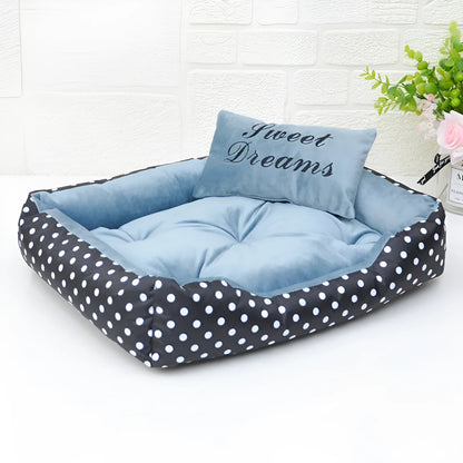 Polka dot printed dog bed with matching square pillow in rose red, lake blue, pink, or grey colours