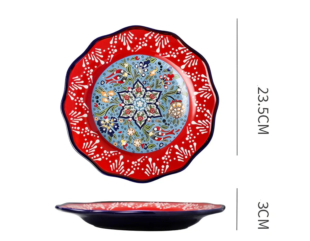 Underglaze ceramic bowl with Bohemian floral pattern in blue mandarin duck design, 8 inch diameter