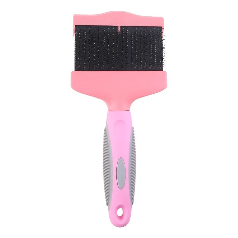 A blue double-sided pet grooming brush with stainless steel pins and a non-slip handle.