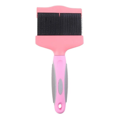 A blue double-sided pet grooming brush with stainless steel pins and a non-slip handle.