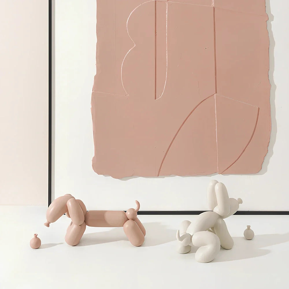 Solid resin balloon dog ornament in squat position with Scandinavian design, 15cm height